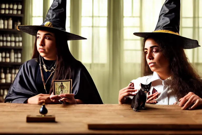 Image similar to 2 0 2 2 photo, close up portrait, dramatic lighting, concentration, calm confident hispanic teen witch and her cat, tarot cards displayed on the table in front of her, sage smoke, magic wand, a witch hat and cape, apothecary shelves in the background, still from harry potter, alphonse mucha