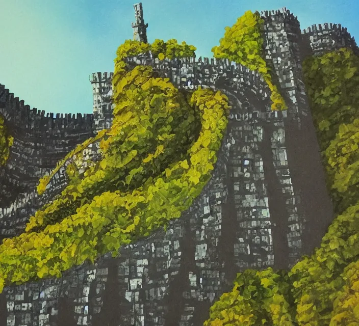 Image similar to a ravine with a fortress. in a conceptual art style. using acrylic paint.