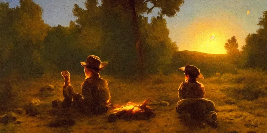 Prompt: in the old west, at a campfire at night, a young boy ( ( alone ) ) watches the stars and his horse grazes, in the style of fredrick remington, oil painting, warm color palate, astral