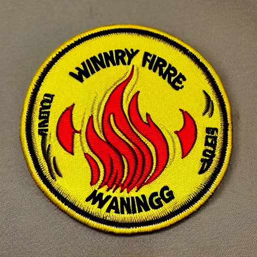 Prompt: vintage windy fire flame warning label patch