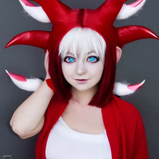 Image similar to white haired red eyed anime girl, devil horns, elf ears