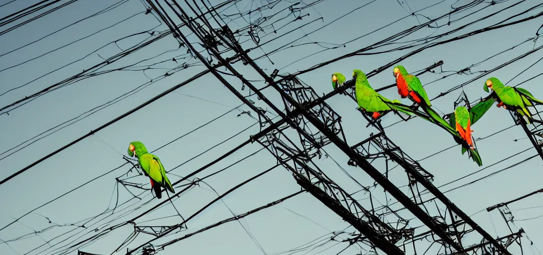 Image similar to a 3 5 mm photography at night, camera with strong flash on, of a lot of green parrots on the power lines taken by yoshinori mizutani - h 9 6 0