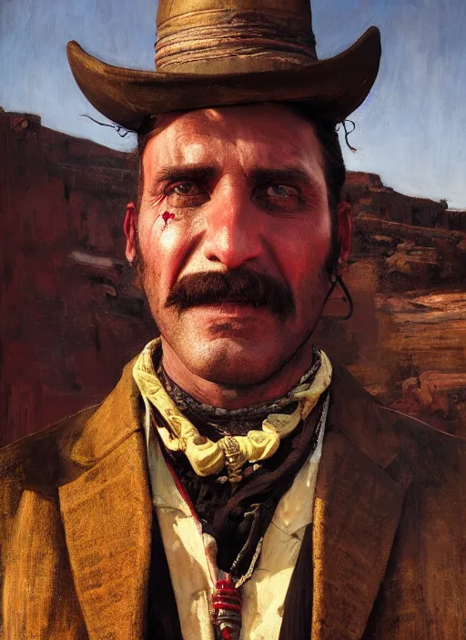 Image similar to Old west circus clown (rdr2, laurie Greasley). Iranian orientalist portrait by john william waterhouse and Edwin Longsden Long and Theodore Ralli and Nasreddine Dinet, oil on canvas. Cinematic, hyper realism, realistic proportions, dramatic lighting, high detail 4k