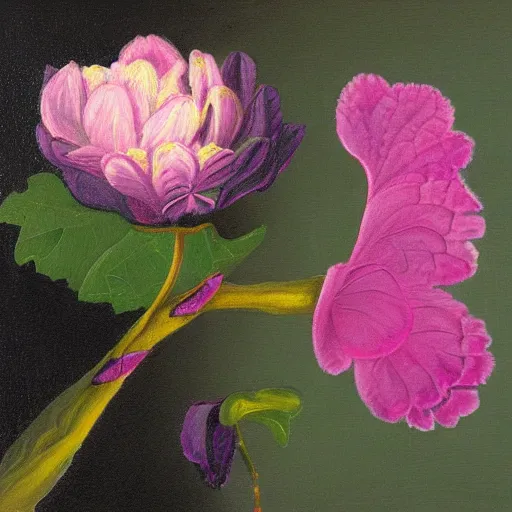 Image similar to A painting of a flower, with petals in shades of pink and purple, and a green stem, in a delicate and detailed style.