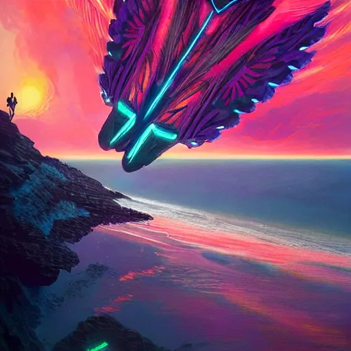 Prompt: psychedelic tron wings in front of a lsd sunset, cliffside ocean scene, diffuse lighting, hyper realistic, elegant, intricate, hyper detailed, smooth, sharp focus, concept art, illustration, trending on artstation, art by artem demura, greg rutkowski, james gurney, and alphonse mucha