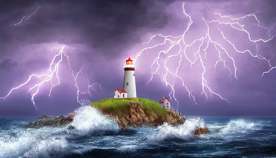 Image similar to a lighthouse being struck by lightning out at sea, digital art, highly detailed, realistic, bright colors, 8 k