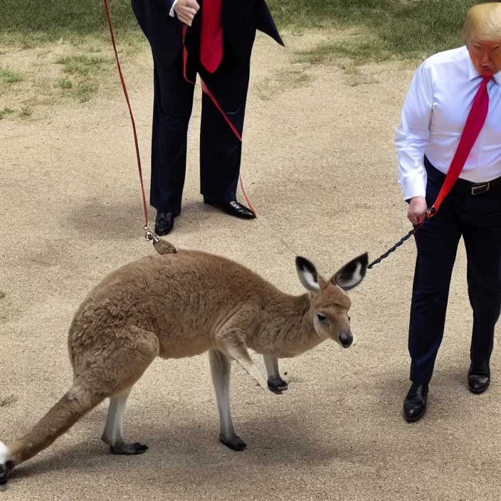 Image similar to a photo of Donald trump walking a kangaroo on a leash