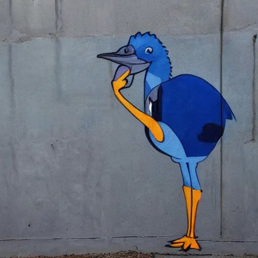 Prompt: a blue ostrich, graffiti by bansky