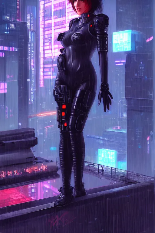 Image similar to portrait futuristic lovely cyberpunk female police, in heavy rainning futuristic tokyo rooftop cyberpunk night, ssci-fi, fantasy, intricate, very very beautiful, elegant, neon light, highly detailed, digital painting, artstation, concept art, soft light, hdri, smooth, sharp focus, illustration, art by tian zi and craig mullins and WLOP and alphonse mucha