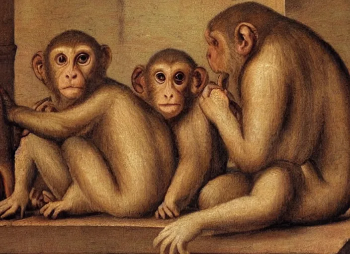 Prompt: detailed renaissance style painting of 3 monkeys enjoying the roman baths, soft edges, oil painting