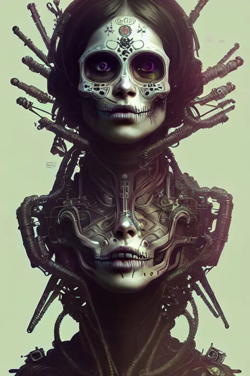 Prompt: ultra detailed female android ragamuffin, stray dog, scifi, fantasy, octane render, ( dia de los muertos ), asymmetrical, intricate concept art, art by godmachine and michael welan and dzo and greg rutkowski and alphonse mucha and loish and wlop