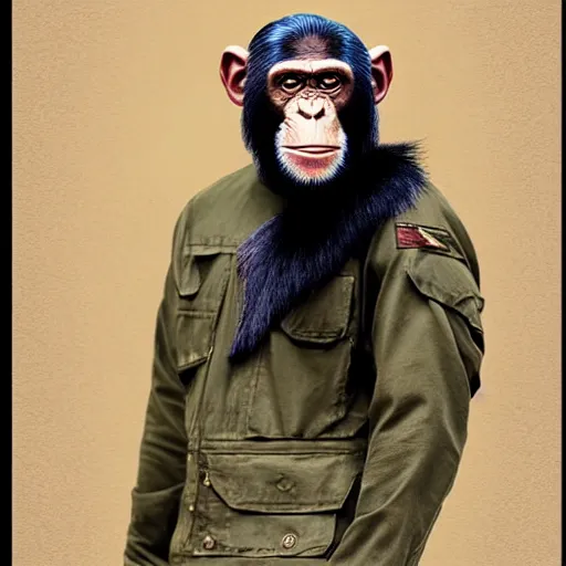 Image similar to A chimpanzee in a vintage military jacket holding a pair of scissors, he has a very good haircut