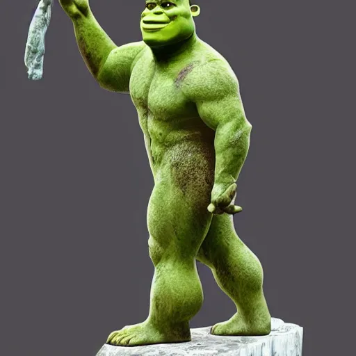 Prompt: a marble sculpture of shrek, intricate, detailed, masterpiece, posing on one leg with open arms, Shrek the Ogre, magnificent fidelity