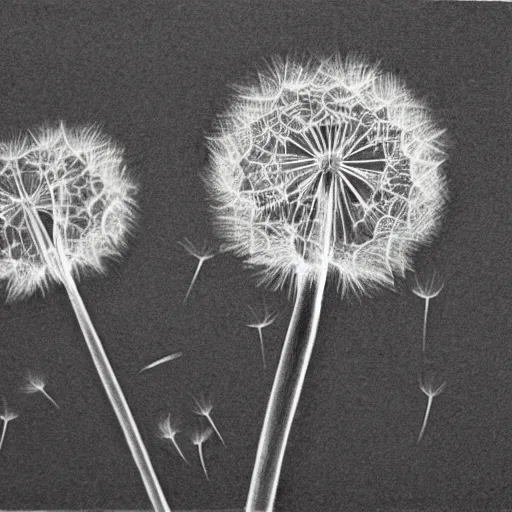 Prompt: pencil drawing of dandelion seeds blowing in the wind