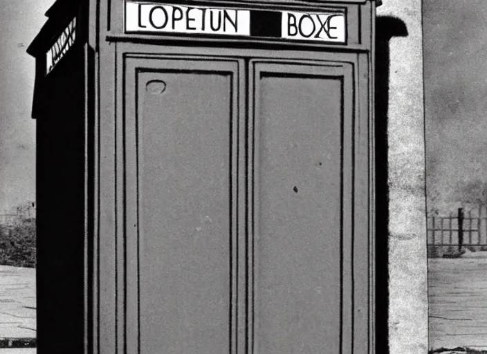 Image similar to photo of a metropolitan police box in suburban london, police box, 1930s, sepia, wide shot