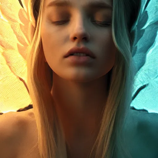 Image similar to portrait art of female angel, art by alessio albi 8 k ultra realistic, angel wings, lens flare, atmosphere, glow, detailed, intricate, full of colour, led lighting, trending on artstation, 4 k, hyperrealistic, focused, extreme details, unreal engine 5, masterpiece