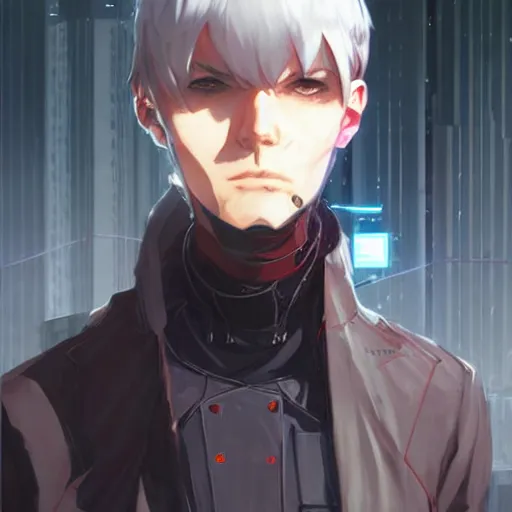 Prompt: lorne malvo is a cyborg, cyberpunk, biopunk, augmented, drawn by krenz cushart