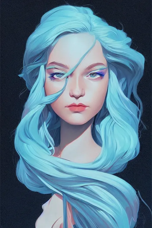 Image similar to portrait painting of a teenage girl with swept back wild blue hair, fashionable, windy, sharp focus, award - winning, cinematic pose, cinematic lighting, trending on artstation, masterpiece, highly detailed, intricate. art by josan gonzales and moebius and deathburger