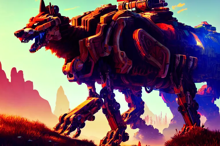 Prompt: wolf - tank machine mecanical creature robot of horizon forbidden west horizon zero dawn radiating a glowing aura global illumination ray tracing hdr fanart arstation by ian pesty and alena aenami artworks in 4 k