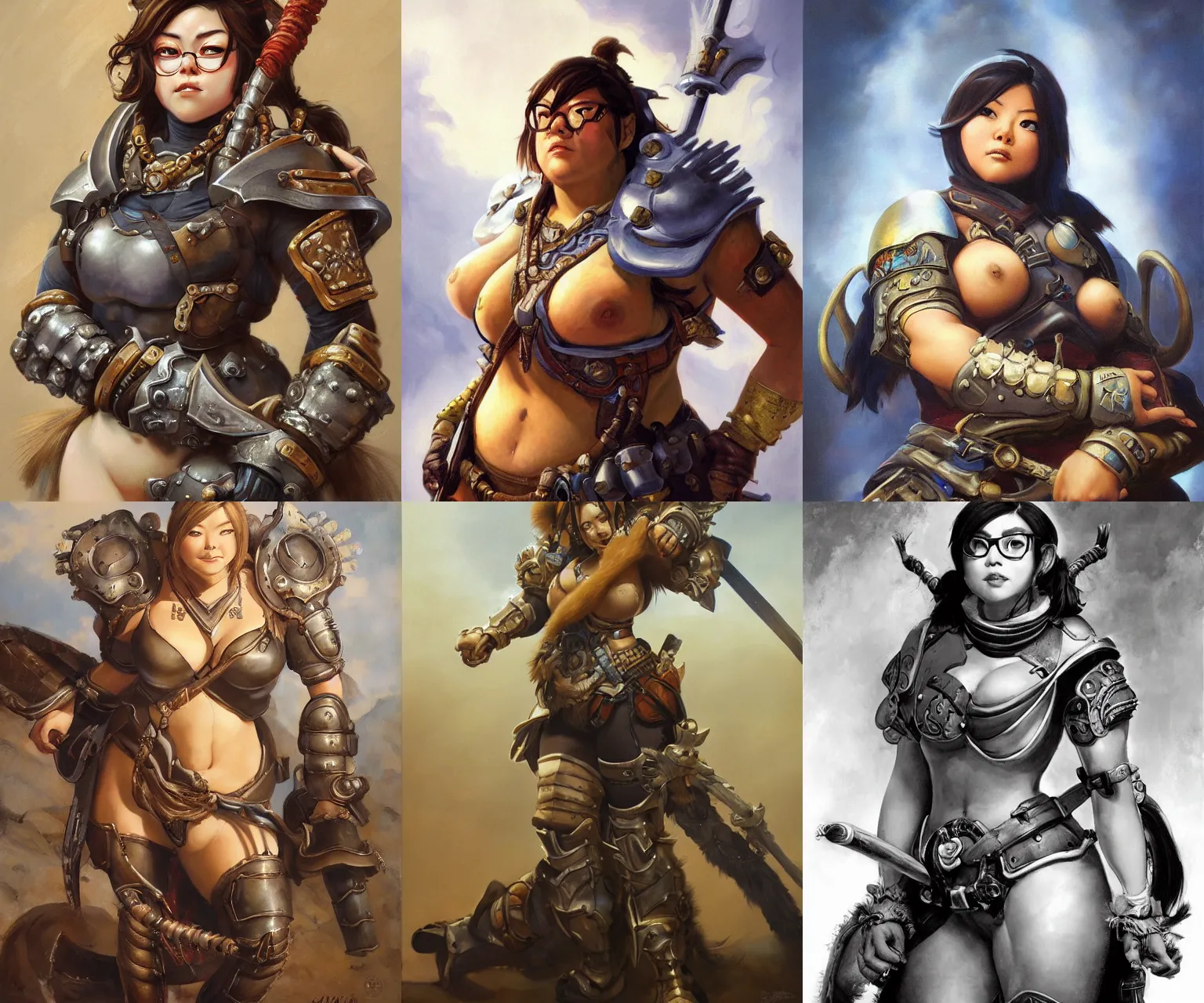 Prompt: detailed portrait of mei from overwatch as a robust medieval warrior wearing heavy breastplate, intricate, hyper detailed, realistic, oil painting, by boris vallejo, frank frazetta, cinematic lighting, 80's pinup fantasy illustration