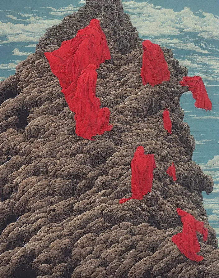 Image similar to worshippers in red robes belonging to the cult of the lighthouse climbing up the rocky cliff where the lighthouse stands, lighthouse, ravens, high detailed beksinski painting, part by adrian ghenie and gerhard richter. art by takato yamamoto. masterpiece, deep colours, blue