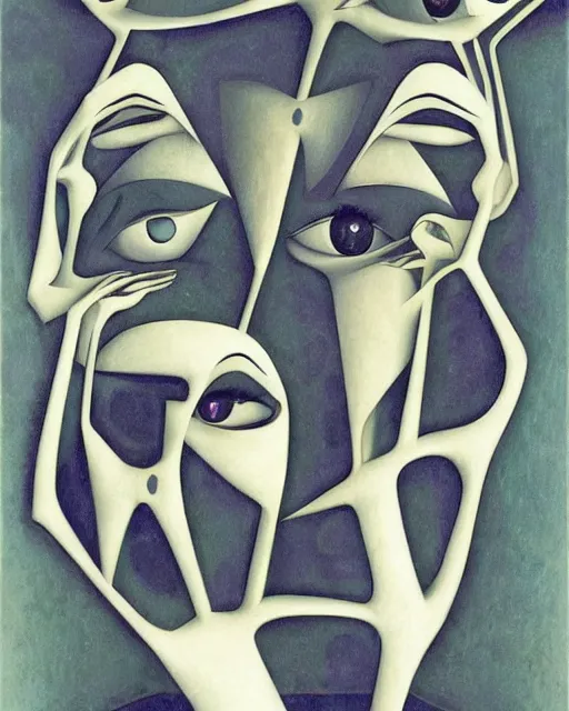 Prompt: pair of asymmetrical faces by eugene jansson and ilya kuvshinov and mc escher and mainie jellett, surreal, abstract!!!, asymmetry, perspective