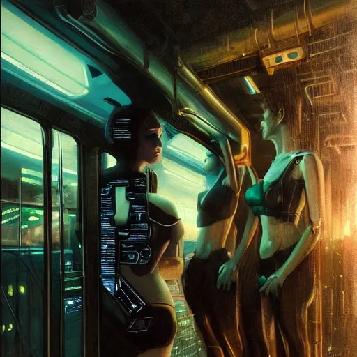 Image similar to detailed portrait of a cybernetic woman android, moment, cyberpunk elevated train, electronic billboards, tech noir, wet reflections, atmospheric, ambient, livia prima, greg rutkowski, edward hopper, pj crook