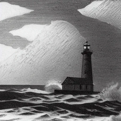 Image similar to an engraving of a storm battering a lighthouse by edward hopper