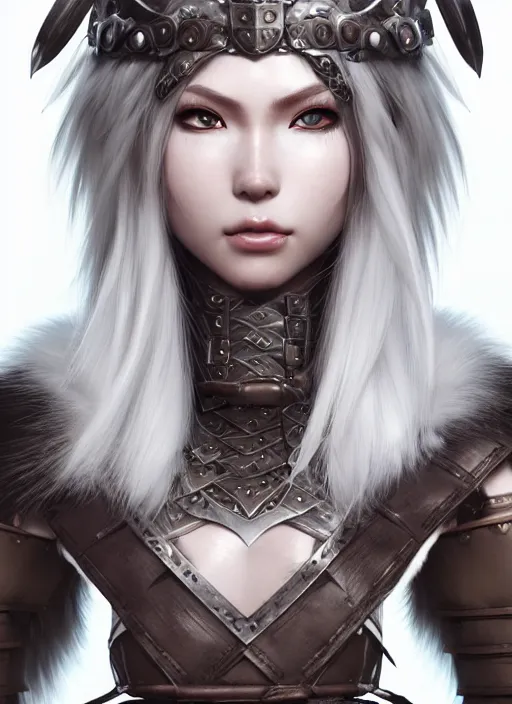 Image similar to barbarian, fur leather armor!!! beautiful and elegant white hair female!! gorgeous ayes!! character concept art, sharp focus, octane render! unreal engine 5! highly rendered!! trending on artstation!! detailed linework!! illustration by artgerm, wlop, and chie yoshii