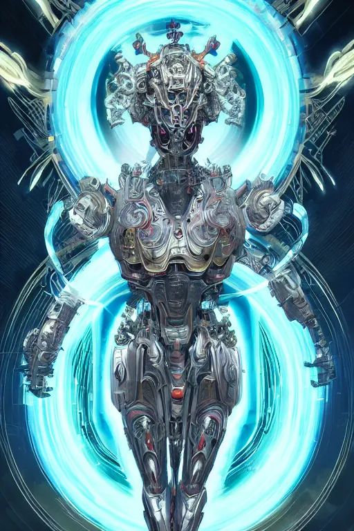 Image similar to asura from chinese myth, ghost, mecha, symmetrical. sci - fi, tech wear, glowing lights, intricate, elegant, highly detailed, digital painting, highly detailed, digital painting, artstation, concept art, smooth, sharp focus, illustration, art by artgerm and greg rutkowski and alphonse mucha