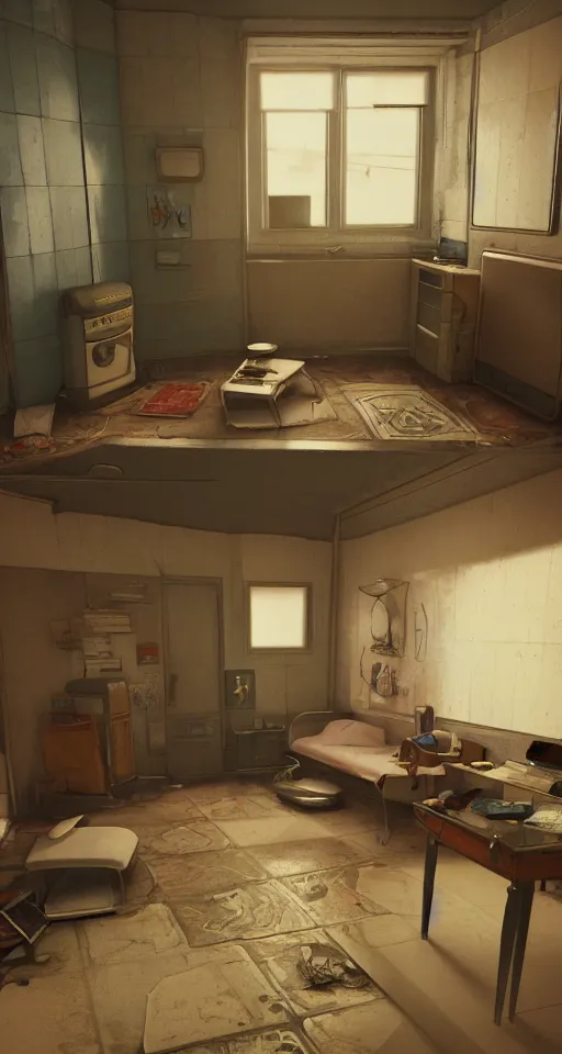 Image similar to artstation scifi scene of a shabby american room in 1 9 7 0 s, shabby room, old tv, tile floor, cabinets, cot, paneled walls, unreal engine 5, hyper realism, realistic shading, cinematic composition, blender render, octane render, hdr, detailed textures, photorealistic, wide shot