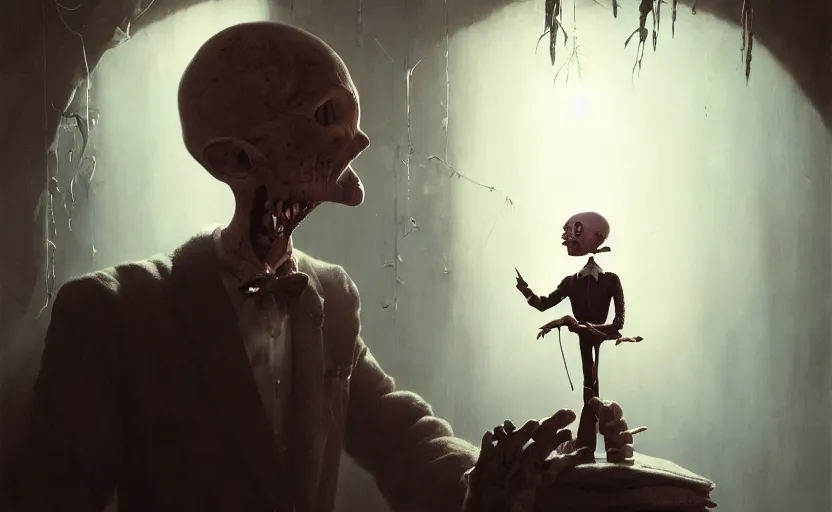 Image similar to highly detailed portrait of a ventriloquist dummy, in dead silence, stephen bliss, unreal engine, fantasy art by greg rutkowski, loish, rhads, ferdinand knab, makoto shinkai and lois van baarle, ilya kuvshinov, rossdraws, tom bagshaw, global illumination, radiant light, detailed and intricate environment