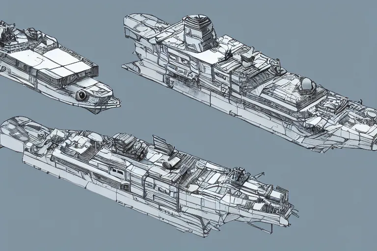 Image similar to axonometric schematics of a futuristic warship, highly detailed, intricate