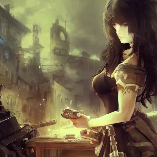 Image similar to goth woman playing videogames, tankoban, 4 k, tone mapping, akihiko yoshida, james jean andrei riabovitchev marc simonetti, yoshitaka amano, long hair, curly, h. hydrochaeri