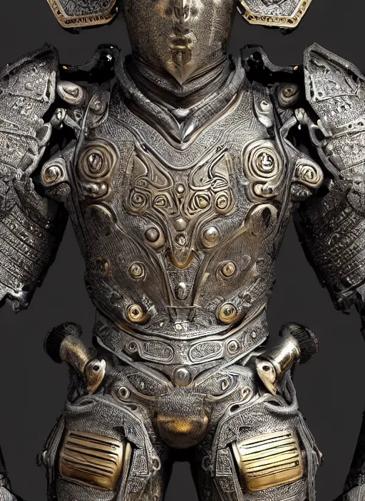 Image similar to hyper realistic glorious ancient celtic god in a obsidian metal armor, futuristic design, designed by makoto kobayashi and luca zampriolo, portrait, cyberpunk style, wood and gold details, intricate, extremely detailed, ornate, deep of field, hard surface, exoskeleton, substance designer metal unreal engine. amazing likeness. very detailed.