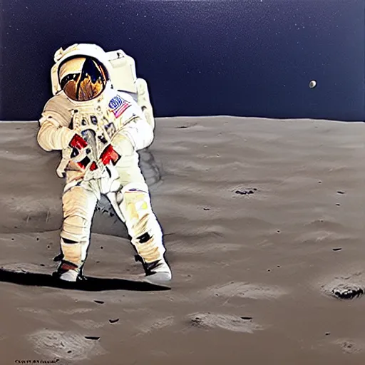 Prompt: astronaut looking for an emergency bathroom on the moon, oil painting