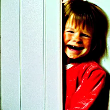 Image similar to a little kid looking through a vertical crack on a white wooden door while grinning maniacally, a film still from the 1 9 8 0 movie the shining, 8 k, grainy, portrait, extremely detailed, close - up, arriflex 3 5 bl