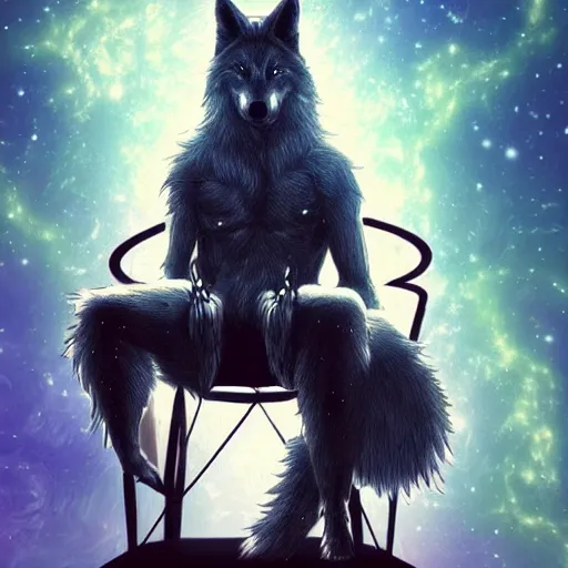 Image similar to a wolf like a human sitting on the chair in a galaxy, digital art, Marvel Comics, trending on ArtStation, detalied, high quality