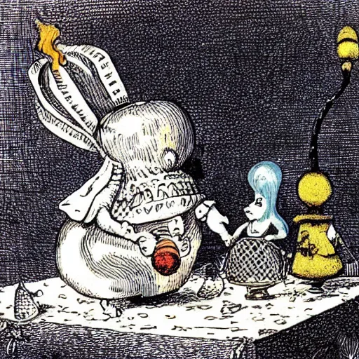 Image similar to A hookah smoking caterpillar + Alice In Wonderland + Absolem + Lewis Carol + by John Tenniel ::