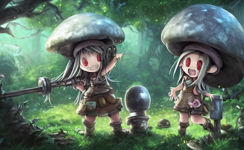 Image similar to cute little girl with an long hair wearing an mushroom hat and holding an cute cannon in the dark forest next to a sinister monster, cute artwork, clean detailed art, inspired made in abyss, detailed background, fantastic world, spectacular quality