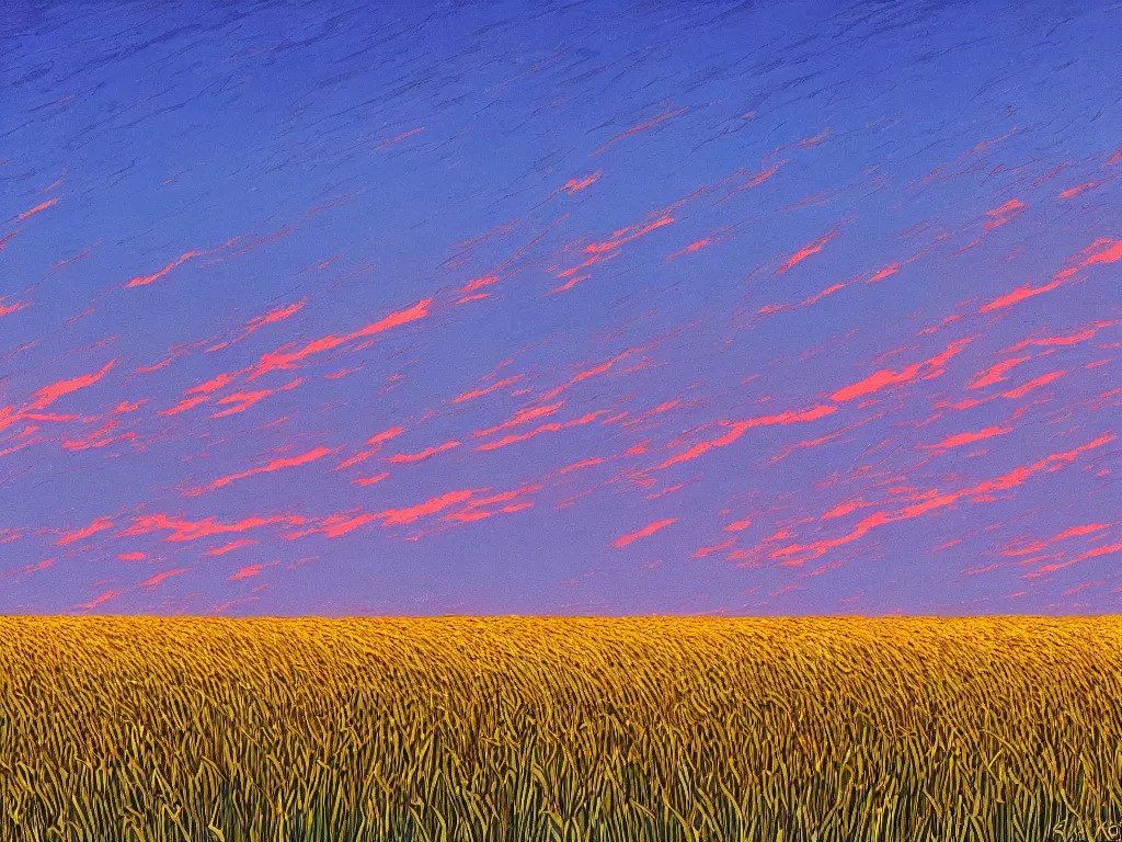 Image similar to sharp focus, breath taking beautiful, Aesthetically pleasing, gouache field of grain at sunset, digital concept art background by Hayao Miyazaki and Studio Ghibli, fine art, official media, high definition, illustration, ambient lighting, HDR, HD, UHD, 4K, 8K, cinematic, high quality scan, award winning, trending, featured, masterful, dynamic, energetic, lively, elegant, intricate, complex, highly detailed, Richly textured, Rich vivid Color, masterpiece.