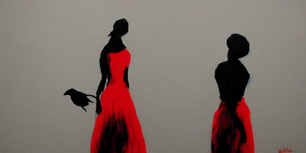 Prompt: painting, very dark, woman in a red dress, faceless, crows