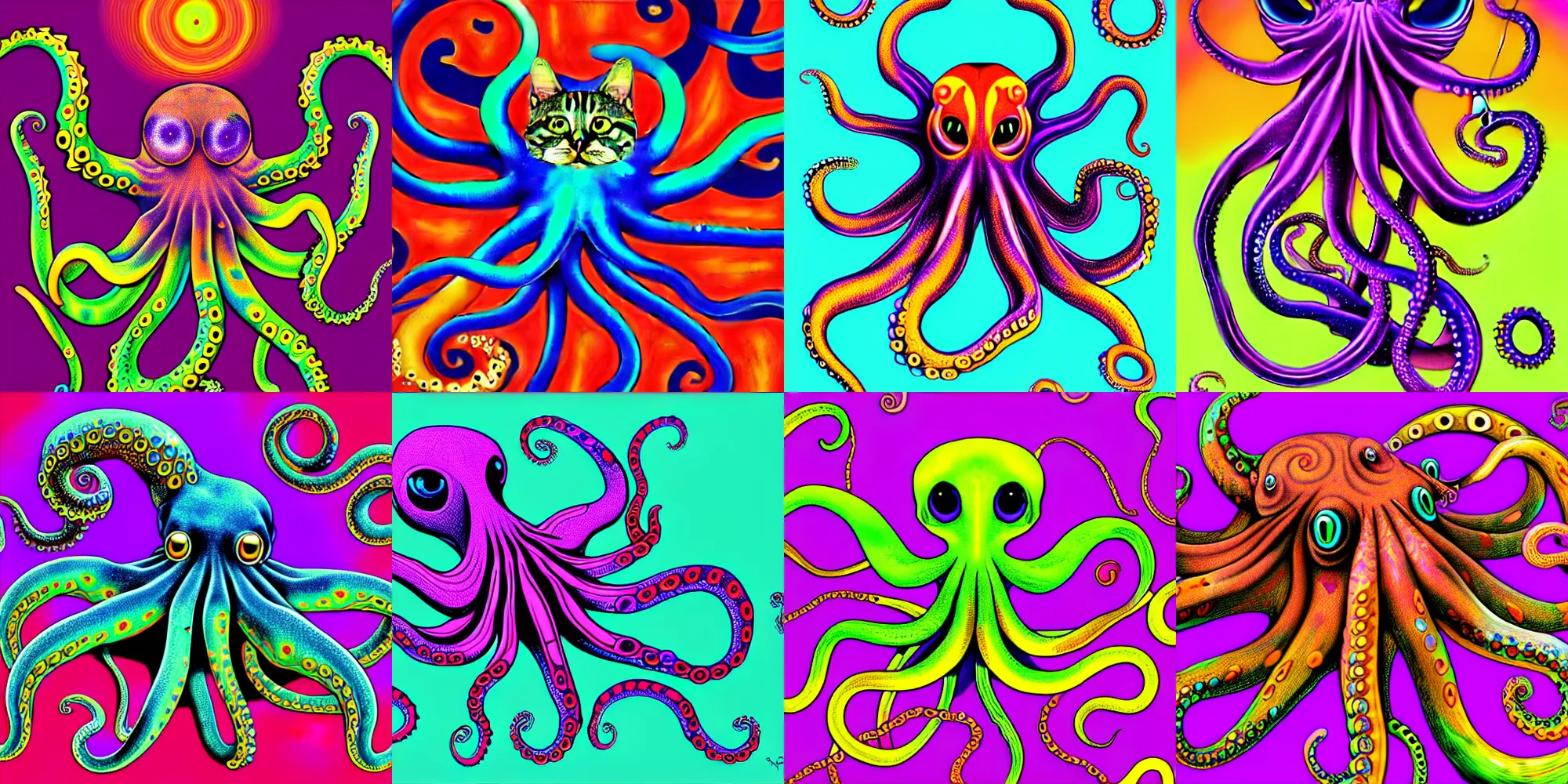 Prompt: psychedelic highly detailed octopus cat chimera, 4 k, octopus cat, digital painting, matte finish, kitten, fine detail, drop shadows