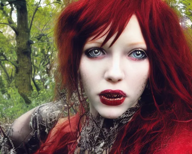 Prompt: award winning 5 5 mm close up face portrait photo of an anesthetic and beautiful redhead vampire elf lady who looks directly at the camera with bloodred wavy hair, intricate eyes that look like gems and long sharp fangs, in a park by luis royo. rule of thirds.