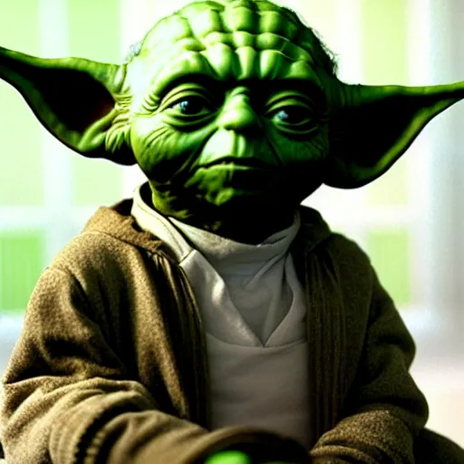 Image similar to a picture of Yoda’s first day of kindergarten. Yoda looking up towards the camera.