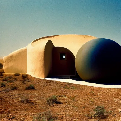 Image similar to a Non-Euclidean orb-like clay house sitting in the desert, vintage photo, beautiful cinematography, blue sky, film grain