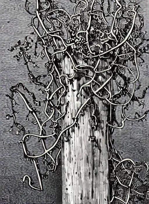 Prompt: 19th century wood-engraving of a spikey vine growing out someone's palm, whole page illustration from Jules Verne book titled Stardust Crusaders, art by Édouard Riou Jules Férat and Henri de Montaut, close up, high quality, beautiful, highly detailed, removed watermarks