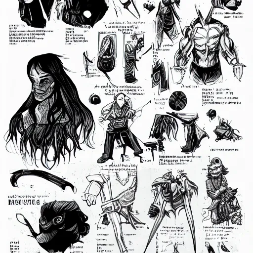 Image similar to character design sheet, book cover, deep shadows, extremely fine inking lines