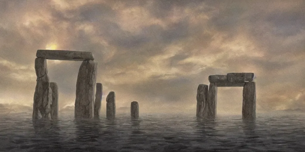 Image similar to a realistic cell - shaded concept art from howl's moving castle ( 2 0 0 4 ) of a huge cube from close encounters of the third kind ( 1 9 7 7 ) hovering over a flooded stonehenge. it is a misty starry night. very dull colors, hd, 4 k, hq