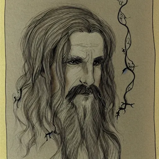 Prompt: bearded male druid gray skin pointy ears with vines as hair detailed drawing tolkien